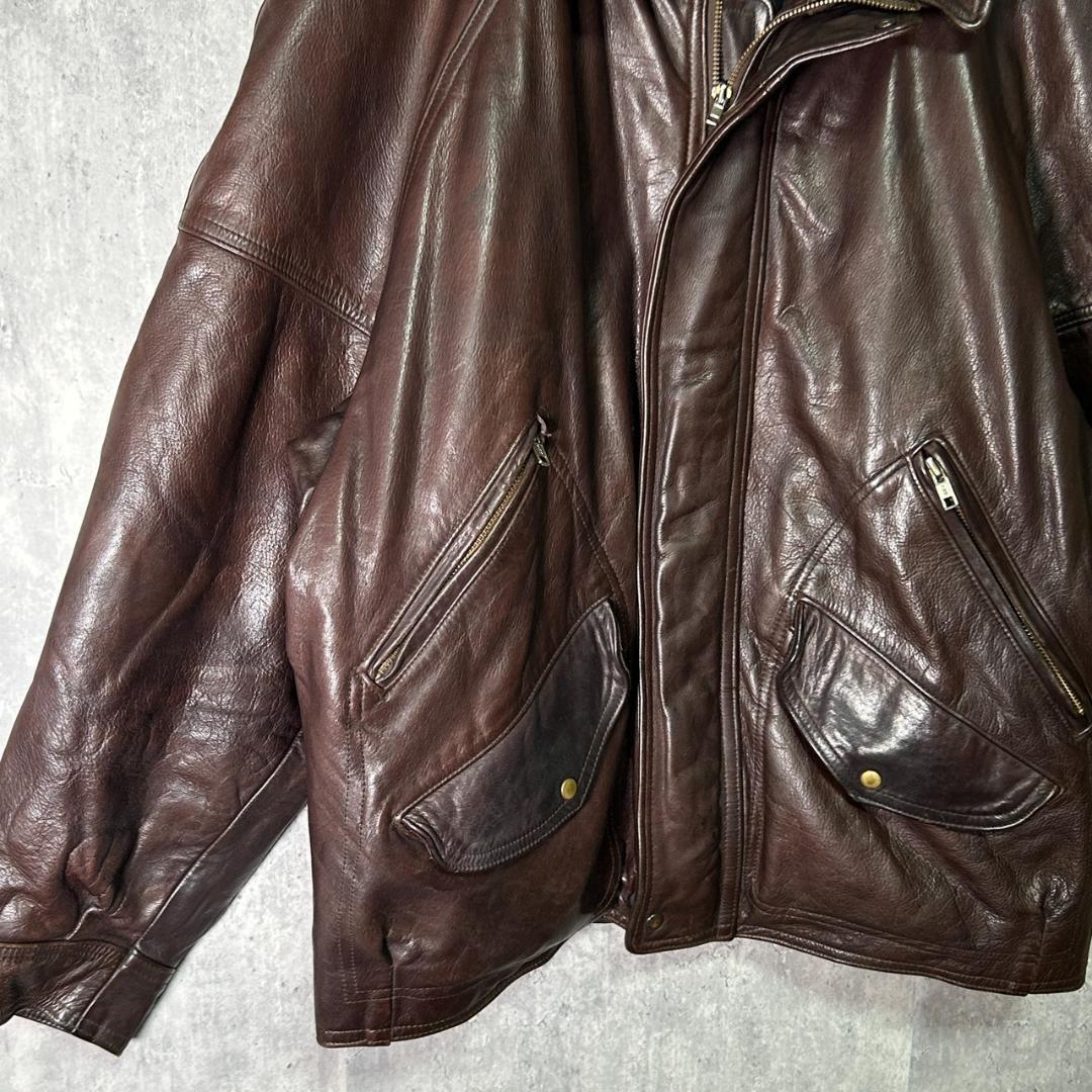 極上 ヘビーウェイト レザー ジャケット 濃茶 ヴィンテージ 本革 肩パッドなし