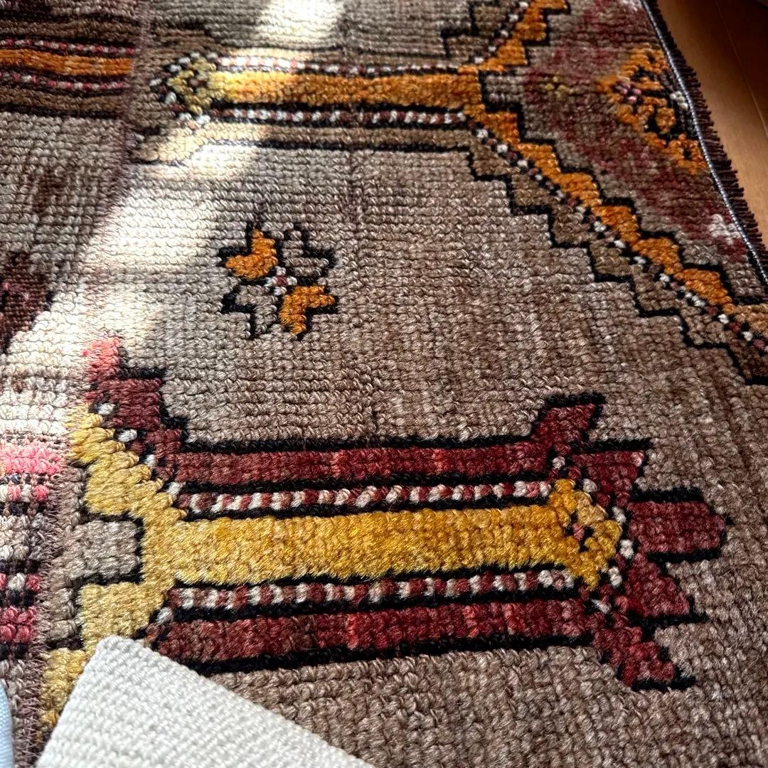 レア93×97 正方形サイズ　ウール　ブラウン　トルコヴィンテージラグ