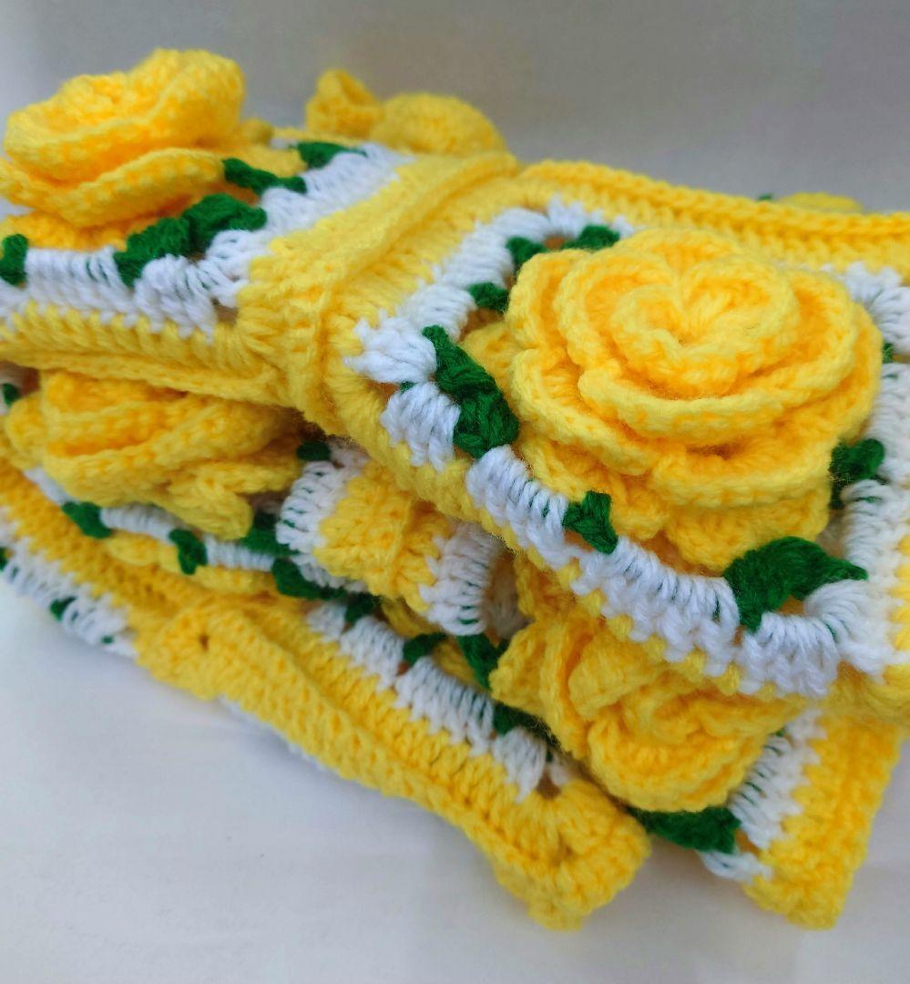 ハンドメイド 薔薇 モチーフ グラニースクエア ブランケット かぎ針編み