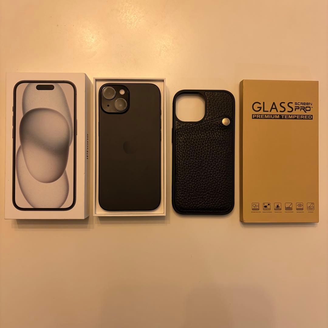 iPhone 15 SIMフリー　ブラック 本体 ガラスフィルム　本革ケース付き