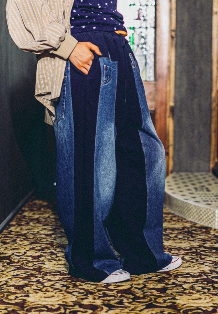 ニコアンド デニムパッチワークパンツ ネイビー M