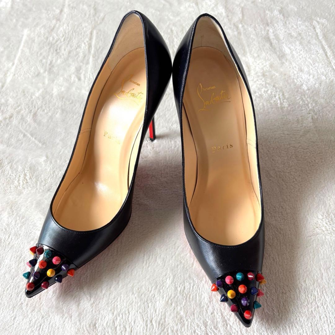 極美品 ルブタン パンプス 37 スタッズ ヒール 黒 レッドソール 購入証明書