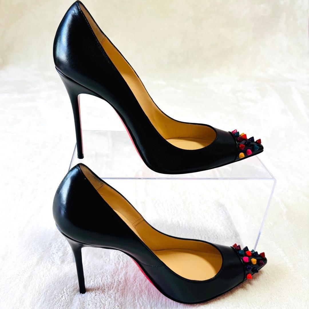 極美品 ルブタン パンプス 37 スタッズ ヒール 黒 レッドソール 購入証明書