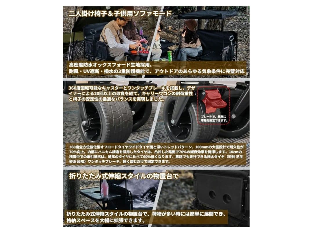 キャリーワゴン キャリーカート ブレーキ付　日よけテント付 折りたたみ式物置台付