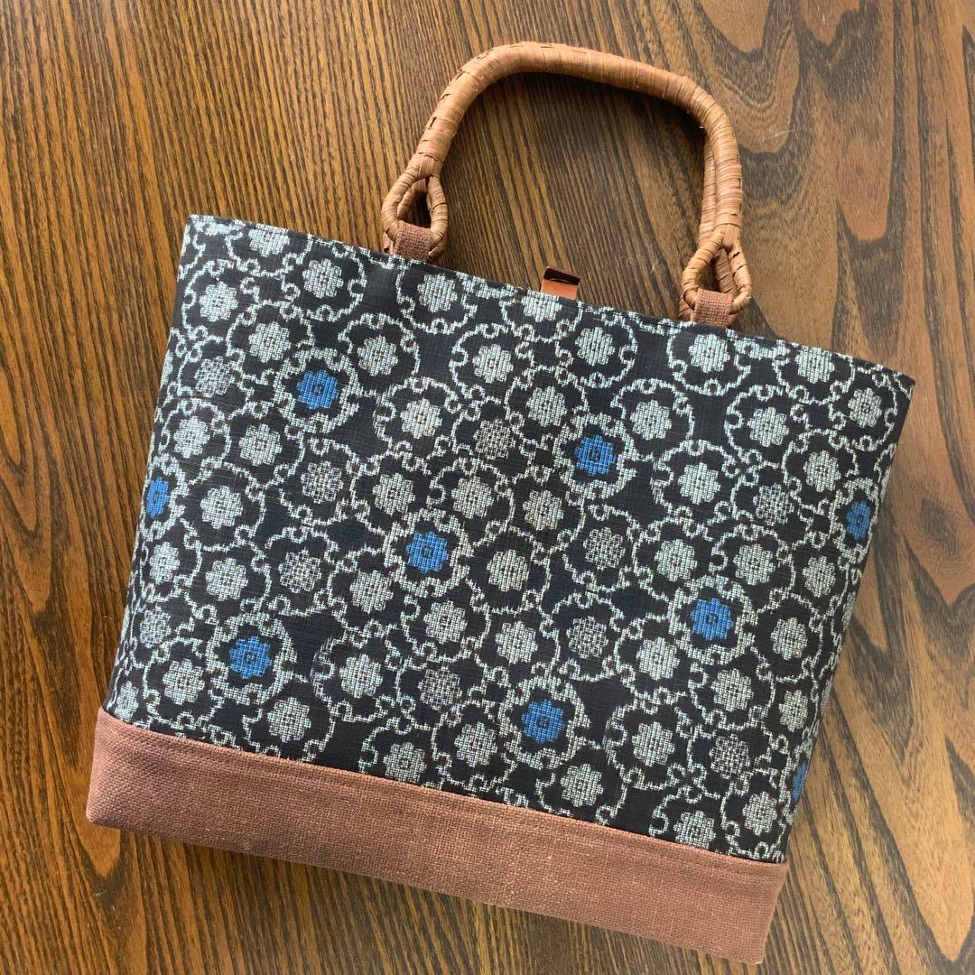 アンティーク大島紬×酒袋　小さな雪輪重ね　リメイク　山葡萄ハンドルバッグ