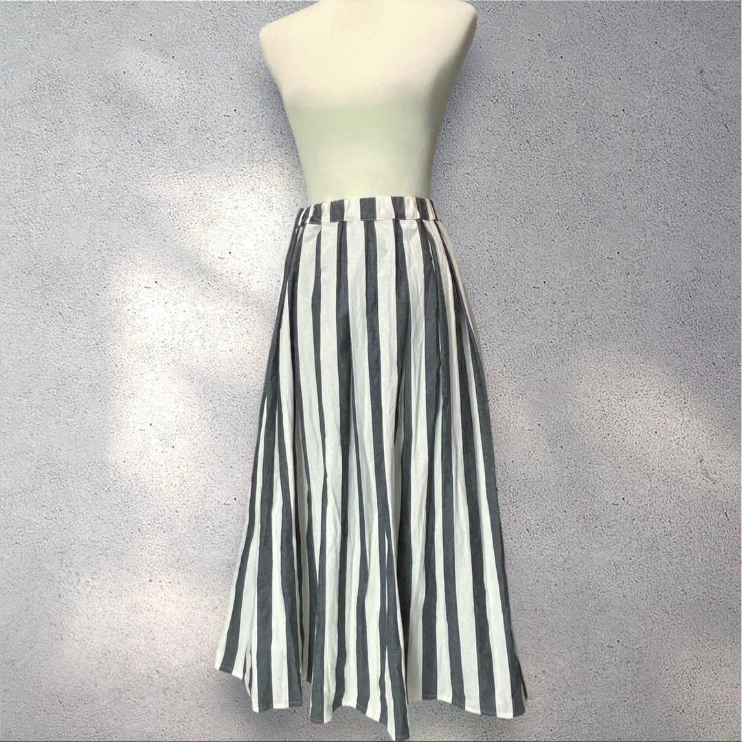 美品✨カタカミナ　グレー　ストライプ　ロングスカート　マキシ丈　フリーサイズ