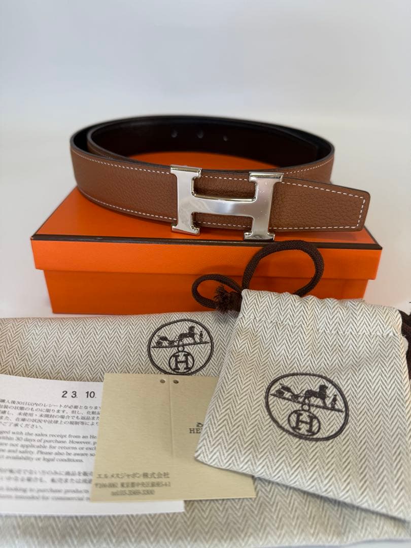 【美品】エルメス H型バックル ブラック／ゴールド リバーシブルレザーベルト