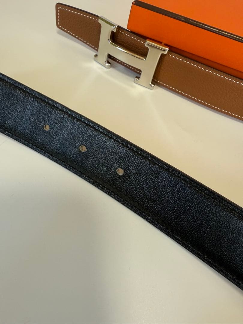 【美品】エルメス H型バックル ブラック／ゴールド リバーシブルレザーベルト