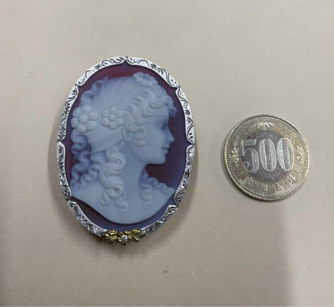 オ*ー様 Ｋ１８　SV９２５　メノーカメオ　ダイヤモンド付き　ブローチ　ペンダン