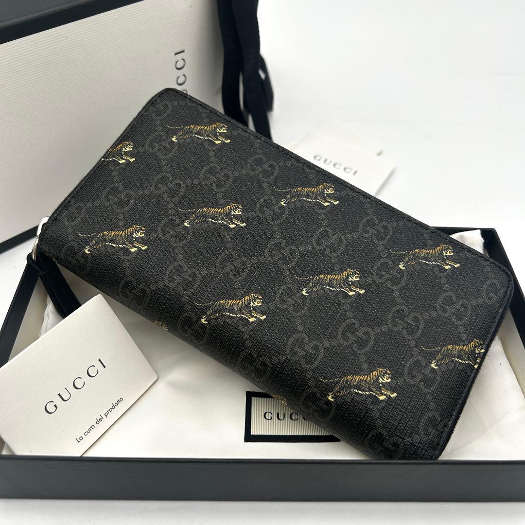 【美品】グッチ GGスプリーム ラウンドファスナー 長財布 タイガー PVC