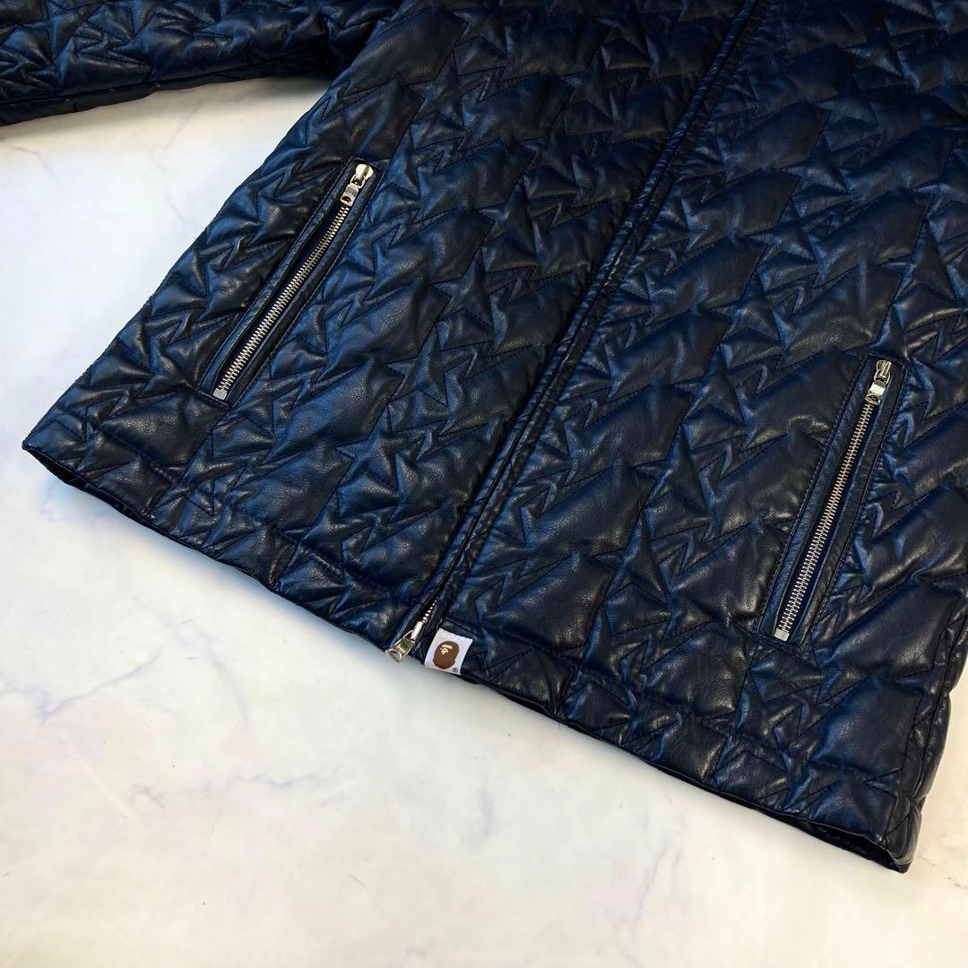 極希少 アベイサングエイプ レザー キルティング ダウン ジャケット ネイビー