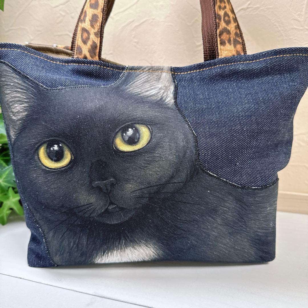 ゆ*ら様 コヤンイサムチョン♡ふっくら黒猫♡豹柄ダブルフリルのデニムトートバッグ
