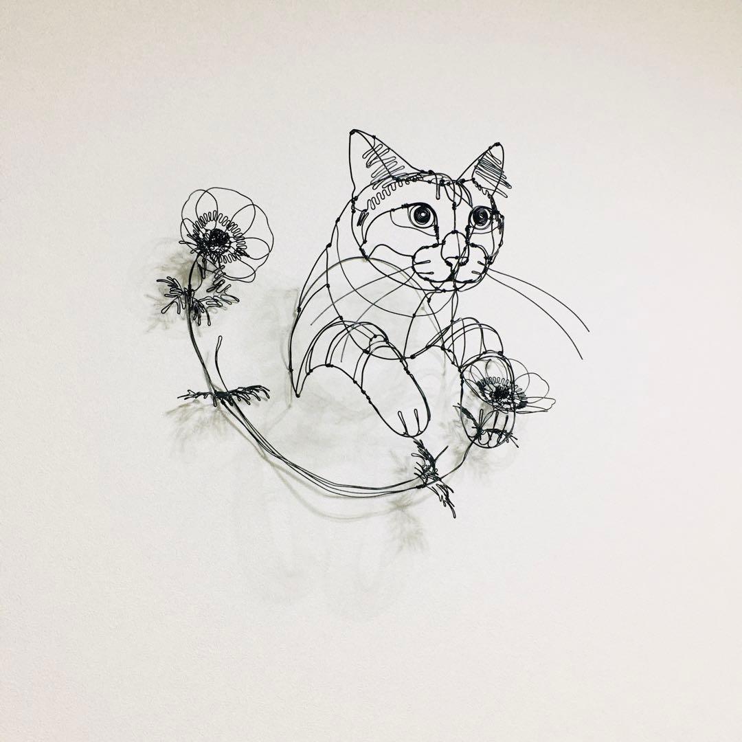 ワイヤーアート　ワイヤークラフト 花とねこ