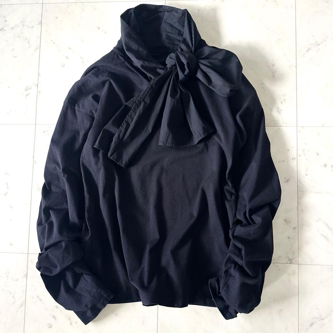 美品♪サードマガジン カットコンビ ボウタイブラウス 異素材 リボンブラウス 黒