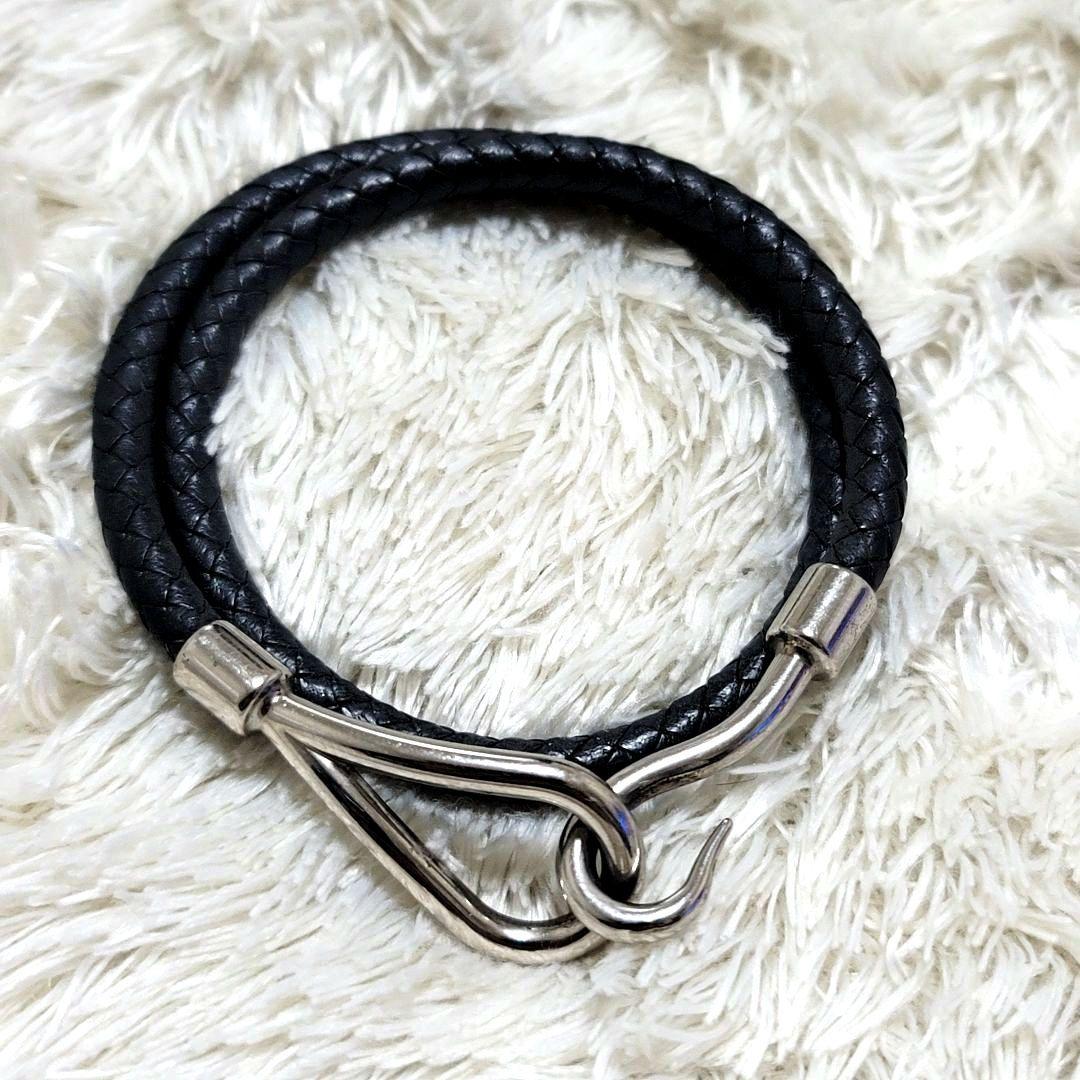 美品 HERMES 編み込みレザー 2連ブレスレット チョーカー ブラック