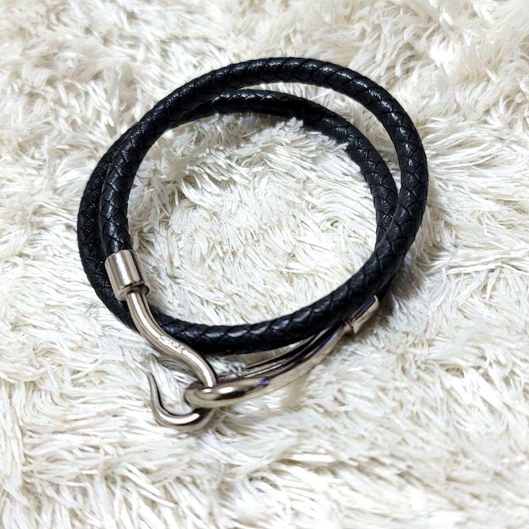 美品 HERMES 編み込みレザー 2連ブレスレット チョーカー ブラック