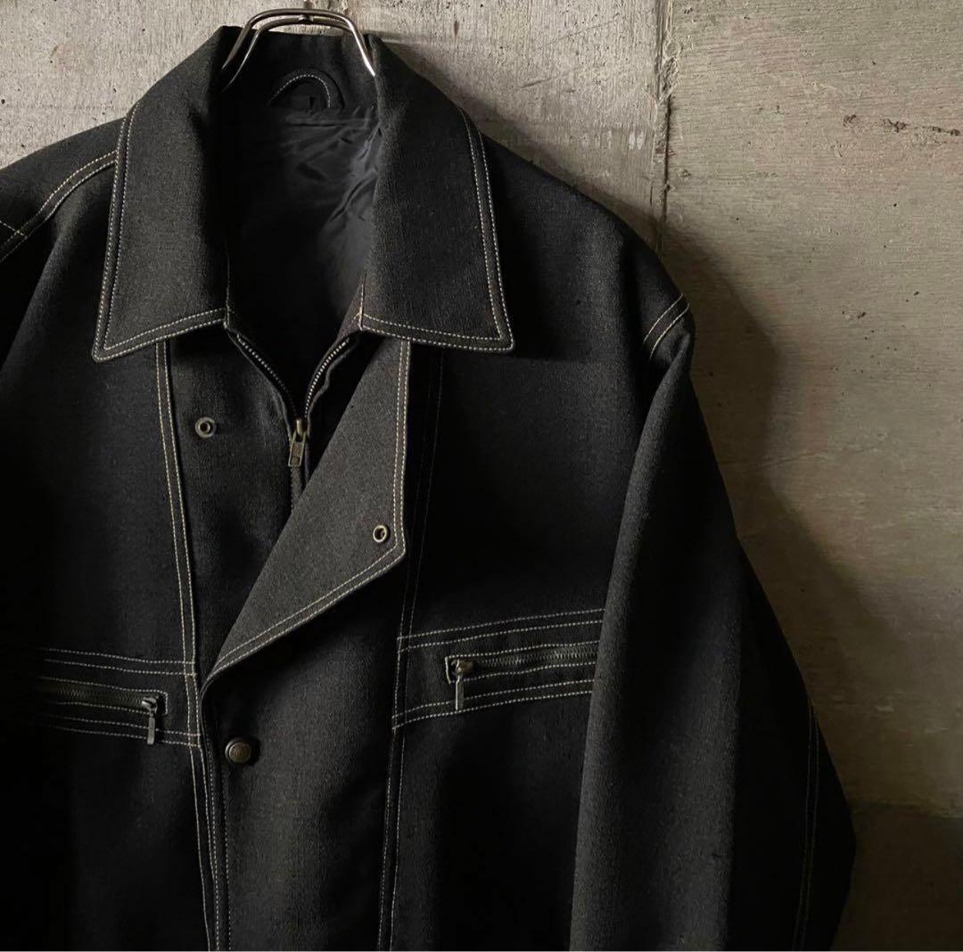 レトロ 古着 ステッチ デザイン ブラック 短丈ブルゾン ジャケット ノームコア