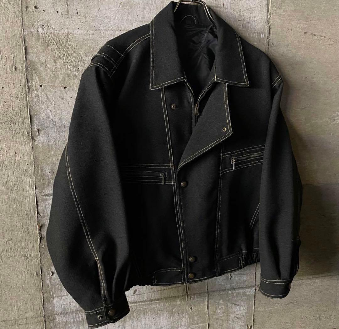 レトロ 古着 ステッチ デザイン ブラック 短丈ブルゾン ジャケット ノームコア