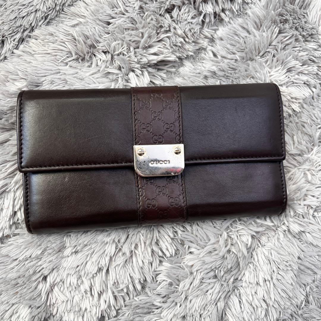 良品✨GUCCI マイクロシマ　レザー　ダークブラウン　シルバーロゴ　長財布