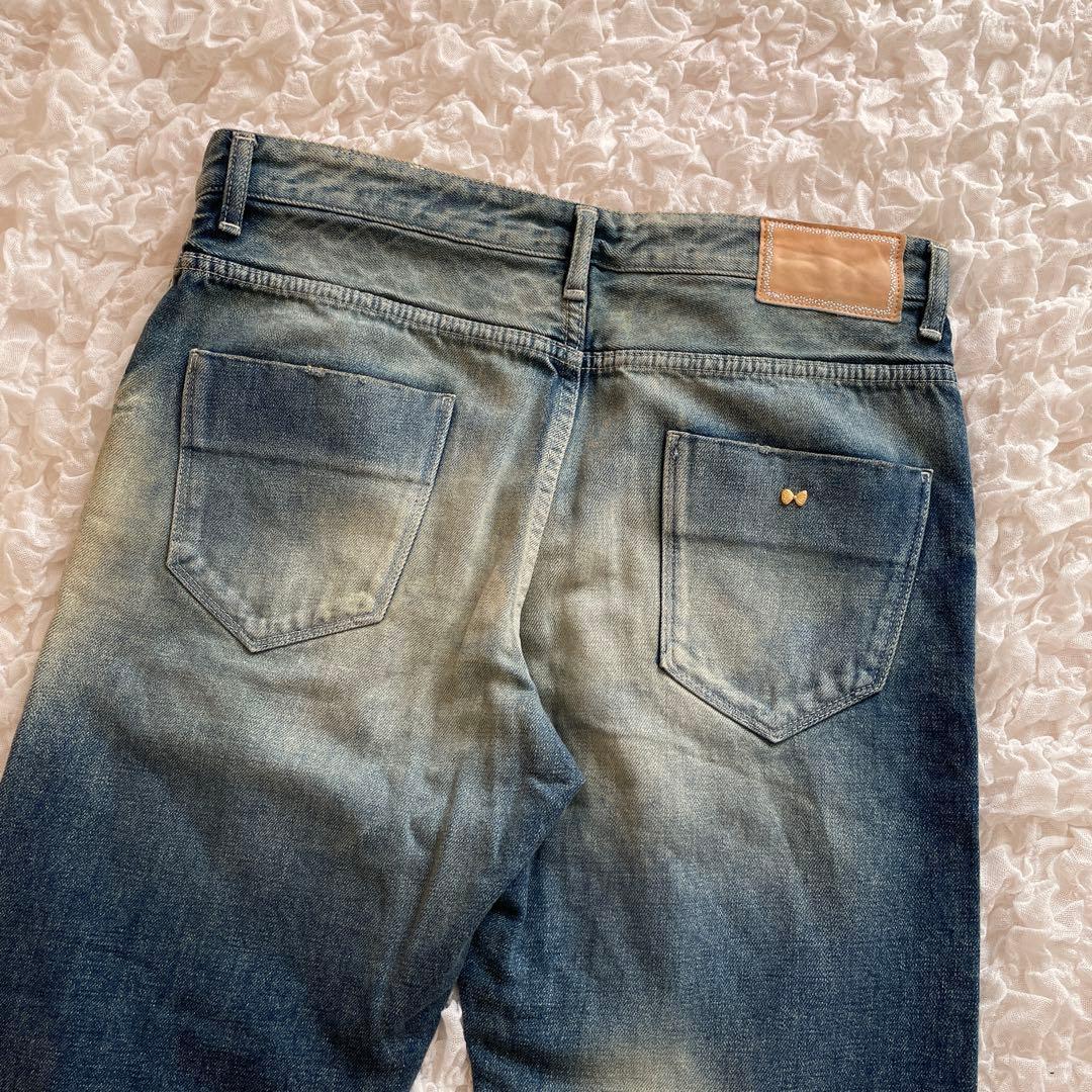 ミナペルホネンalwaysデニムパンツ 大きいサイズ40蝶々 ダメージデニム青