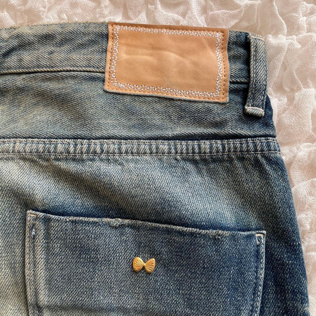 ミナペルホネンalwaysデニムパンツ 大きいサイズ40蝶々 ダメージデニム青