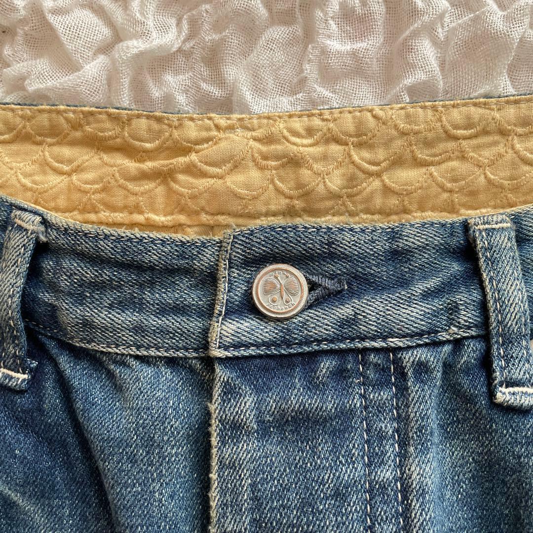 ミナペルホネンalwaysデニムパンツ 大きいサイズ40蝶々 ダメージデニム青