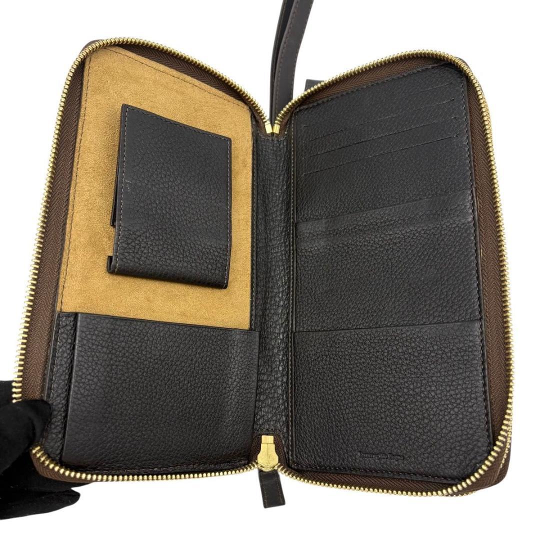 美品 エルメネジルドゼニア　オーガナイザー　長財布　ラウンドファスナー　ブラウン