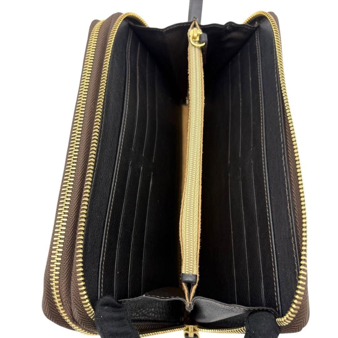 美品 エルメネジルドゼニア　オーガナイザー　長財布　ラウンドファスナー　ブラウン