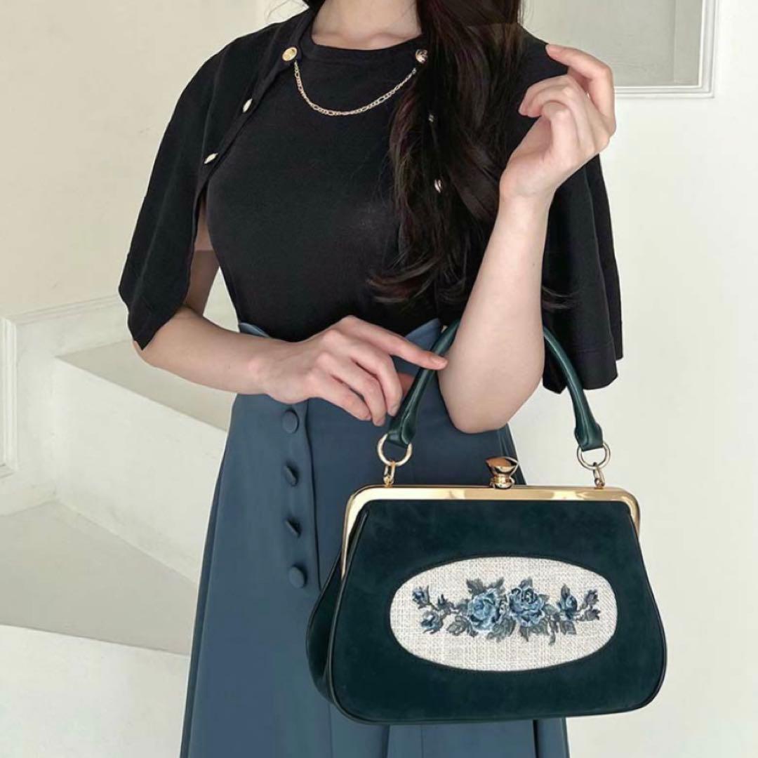 フレームローズ刺繍クロップドがま口バッグ アンアナザーアンジェラス フィント