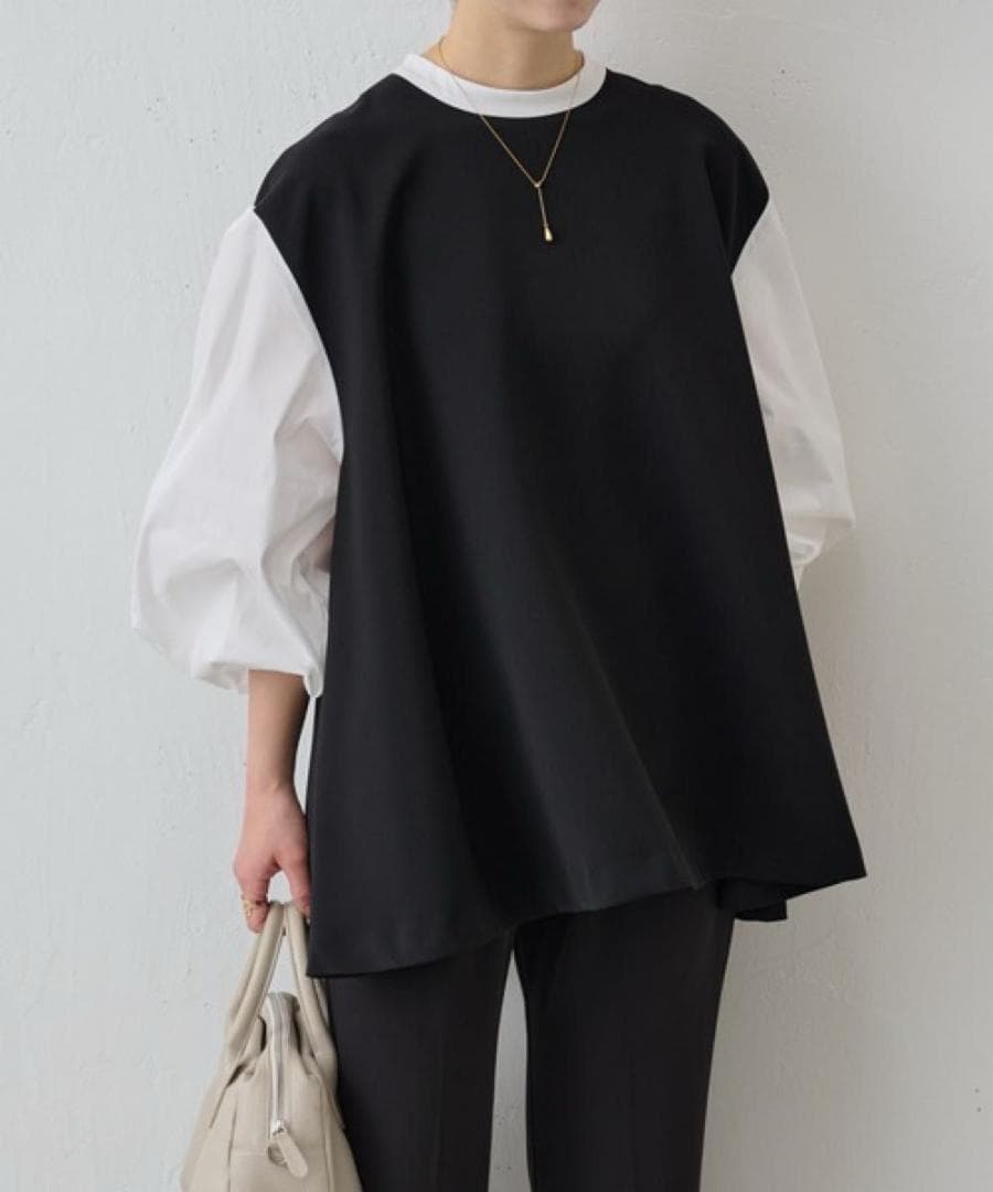 ビアズリー　レイヤード風ボリューム袖ブラウス　ブラック　洗える　長袖