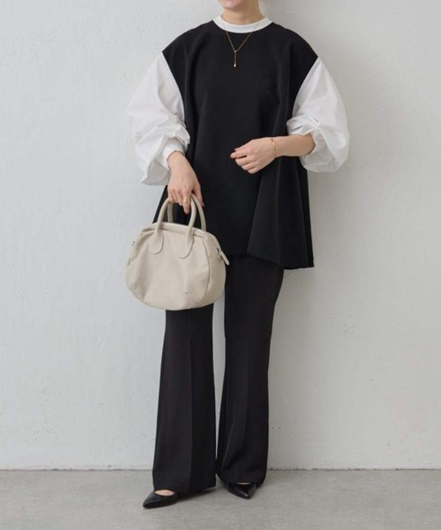 ビアズリー　レイヤード風ボリューム袖ブラウス　ブラック　洗える　長袖