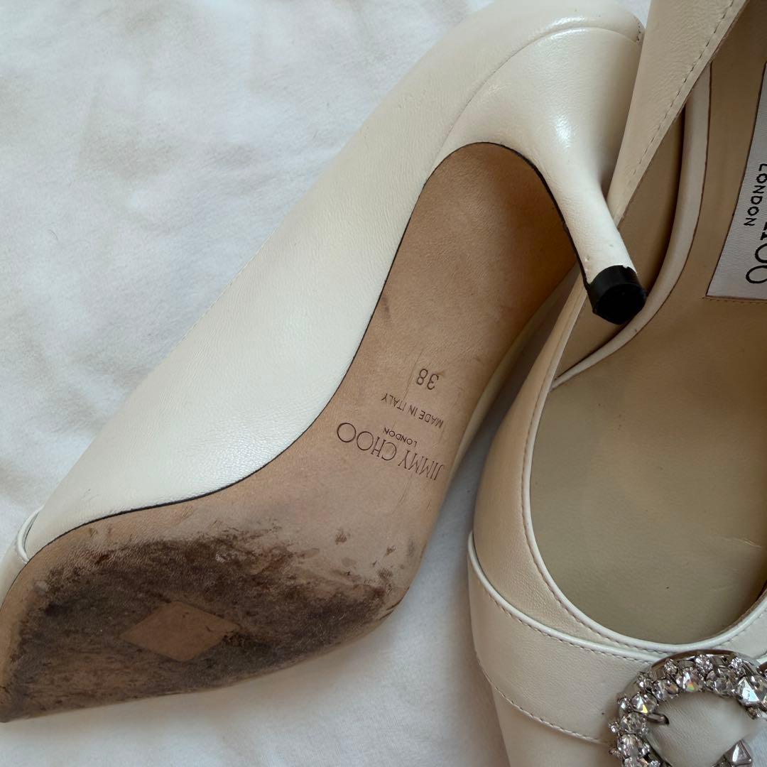 美品 ジミーチュウ クリスタルバックル レザー ポインテッドトゥパンプス 38