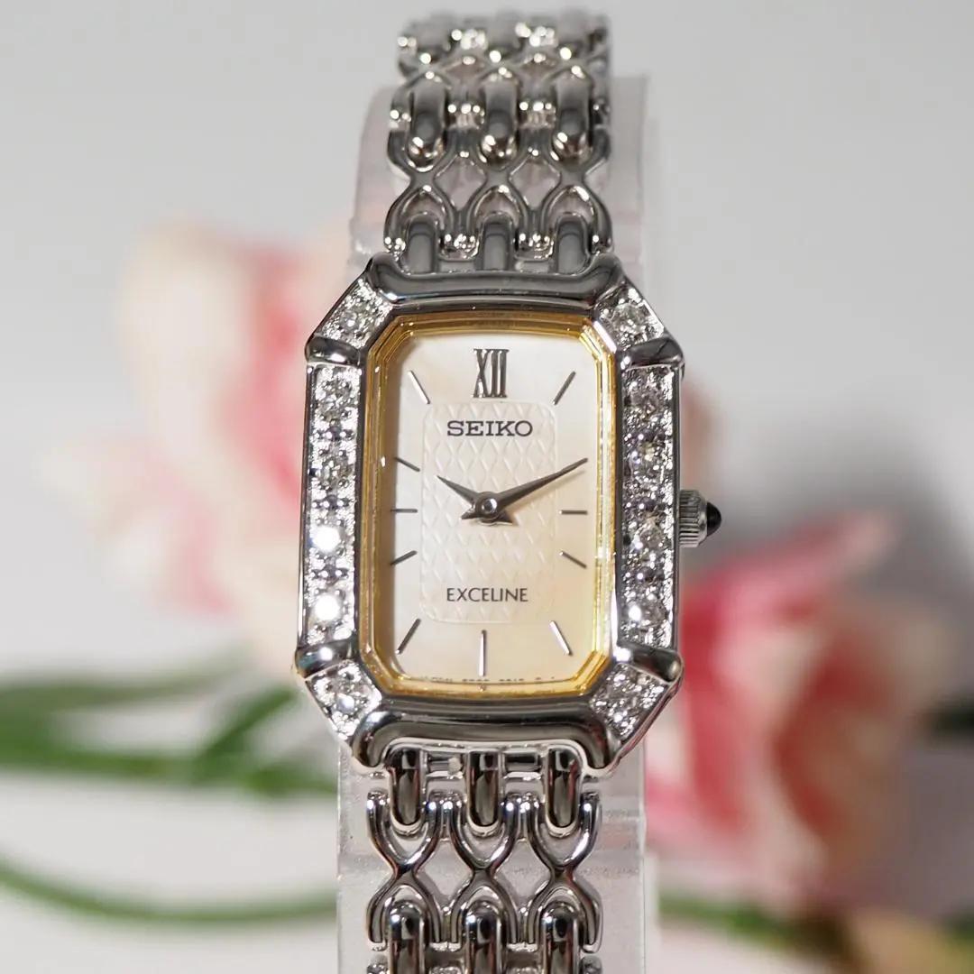 美品 エクセリーヌ セイコー スクエア ダイヤベゼル シェル 腕時計 H113