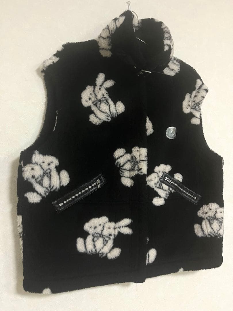 mukzin ムクジン 黒ファー L クマ柄 ベスト 柄物 熊 動物 ブラック