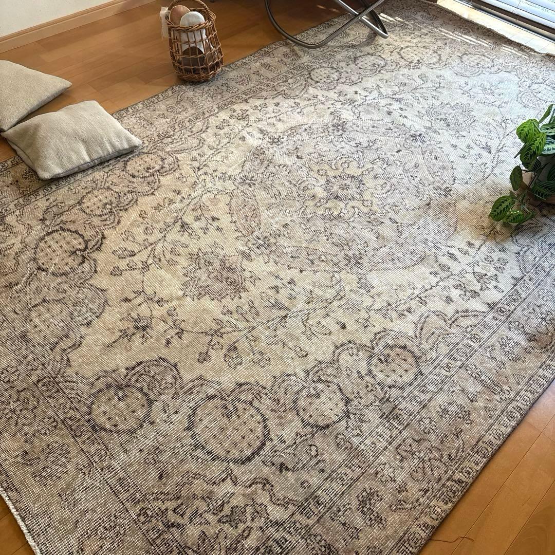 超大判168×263ナチュラルクリームブラウン　メダリオントルコヴィンテージラグ