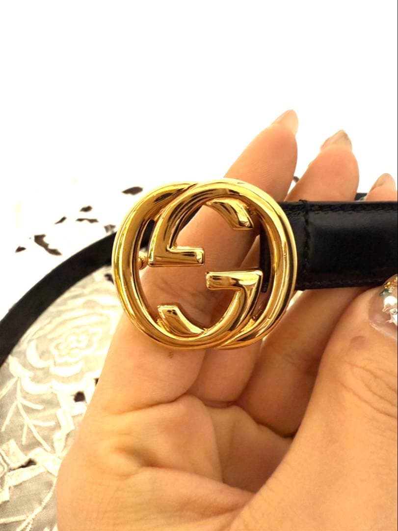 ✨GUCCI グッチ✨ブラックレザー ベルト　ゴールド　ダブルGロゴ