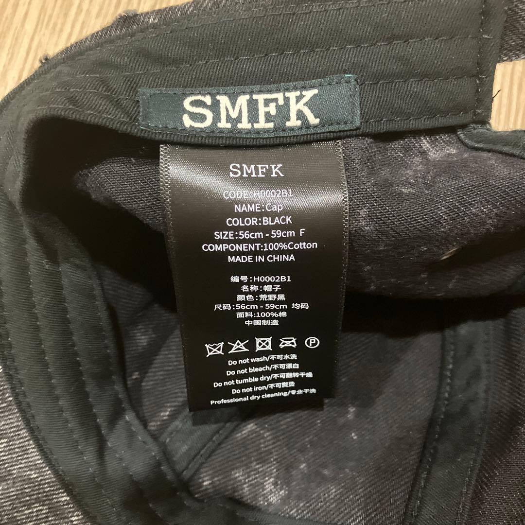 SMFK キャップ デニム ブラック ダメージ加工 十字架 ユニセックス y2k
