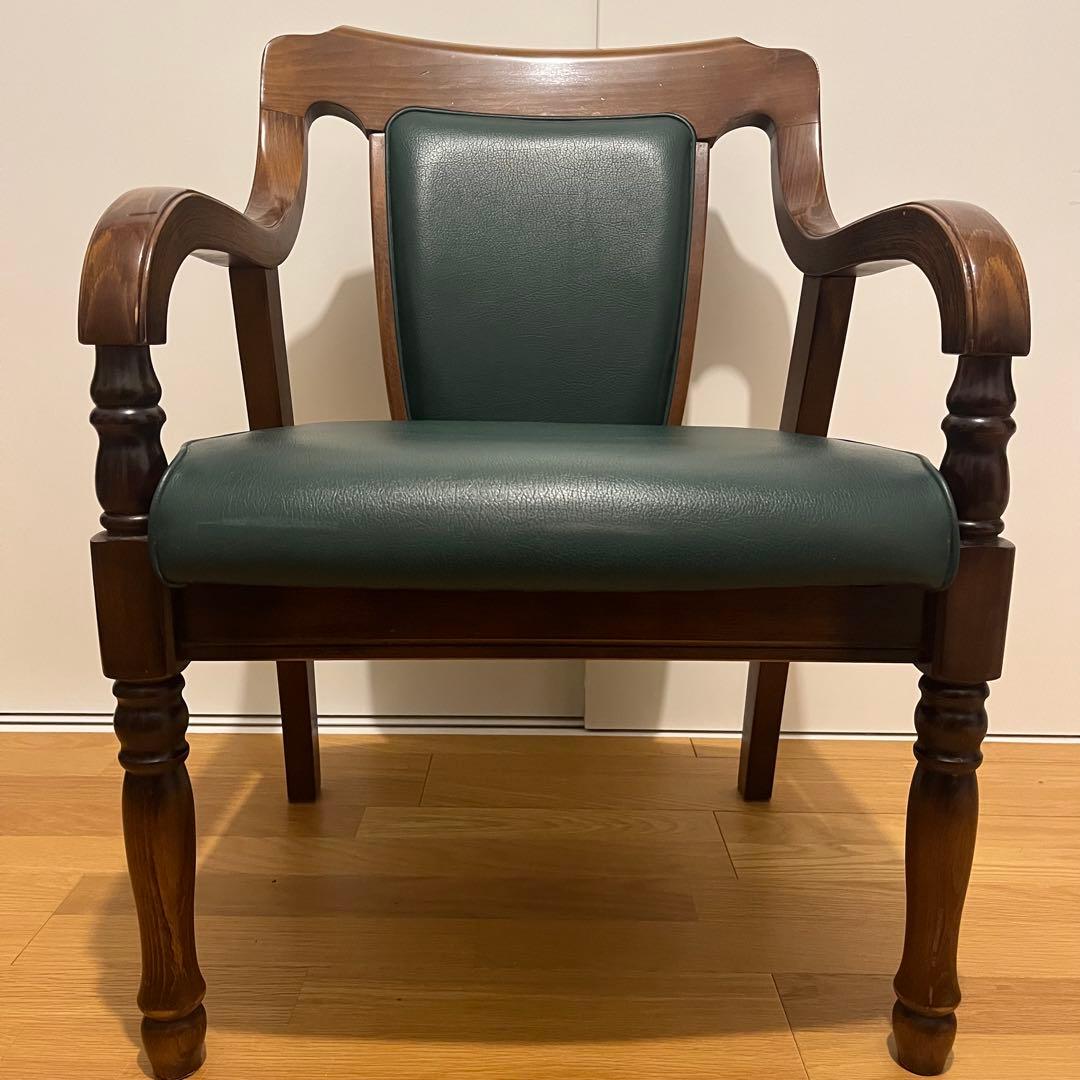 訳アリ カリモク アームチェア 緑レザー 木製椅子 キツツキ　廃盤品　送料込み③