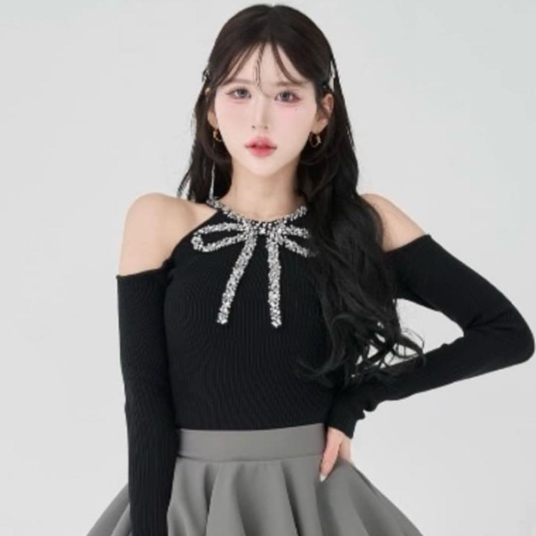 リボンビジューアメスリニットトップス　ダーリッチ　Darich　ブラック　黒