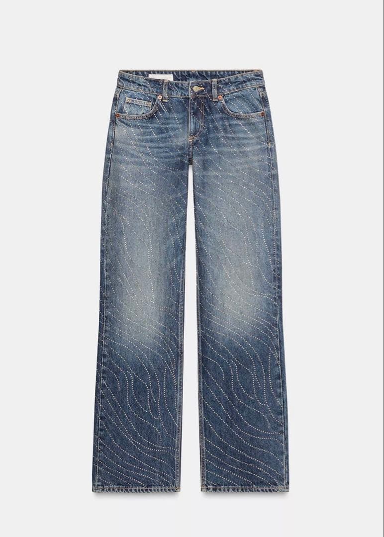 販売終了商品ZARA ローライズストラスワイドレッグデニムパンツ34サイズ