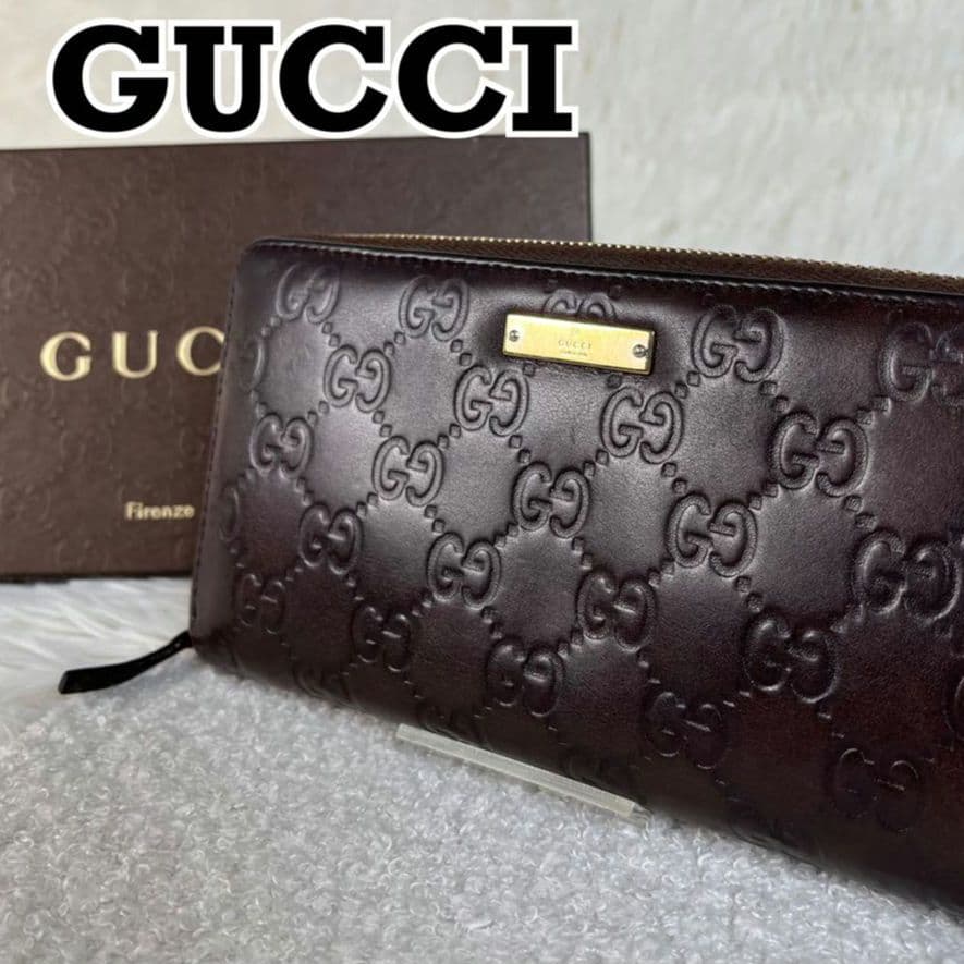 GUCCI 長財布　GGロゴ　シマ　レザー　ラウンドファスナー