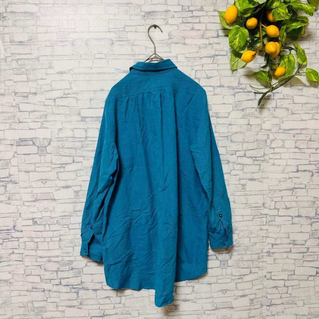 ギエモン　久留米かすり　長袖シャツ　ターコイズブルー　日本製　カラフルボタン　L