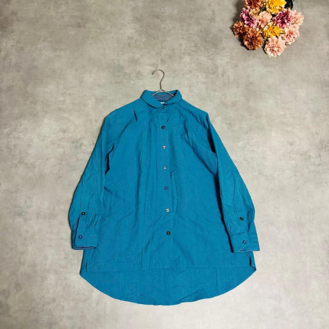 ギエモン　久留米かすり　長袖シャツ　ターコイズブルー　日本製　カラフルボタン　L