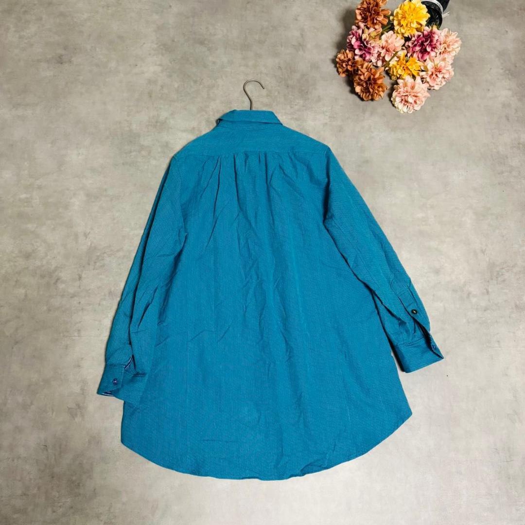 ギエモン　久留米かすり　長袖シャツ　ターコイズブルー　日本製　カラフルボタン　L