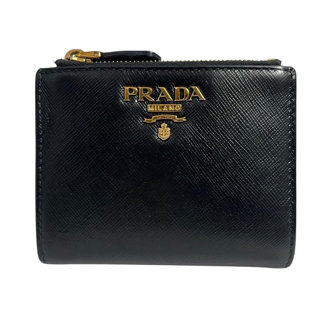 希少✨プラダ 二つ折り財布 ダブルファスナー サフィアーノ ロゴ金具 ブラック
