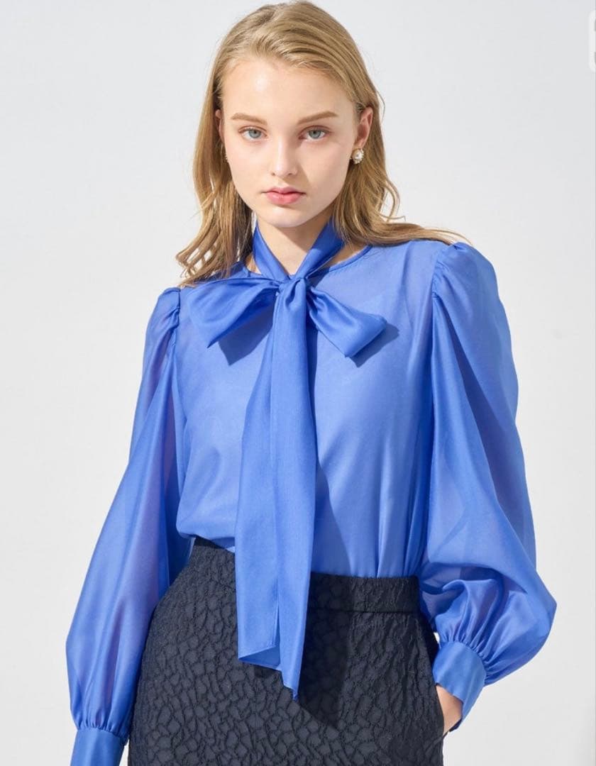 アナイ　シアーオーガンジーボウタイブラウス　ブルー 38 完売色　定価29700