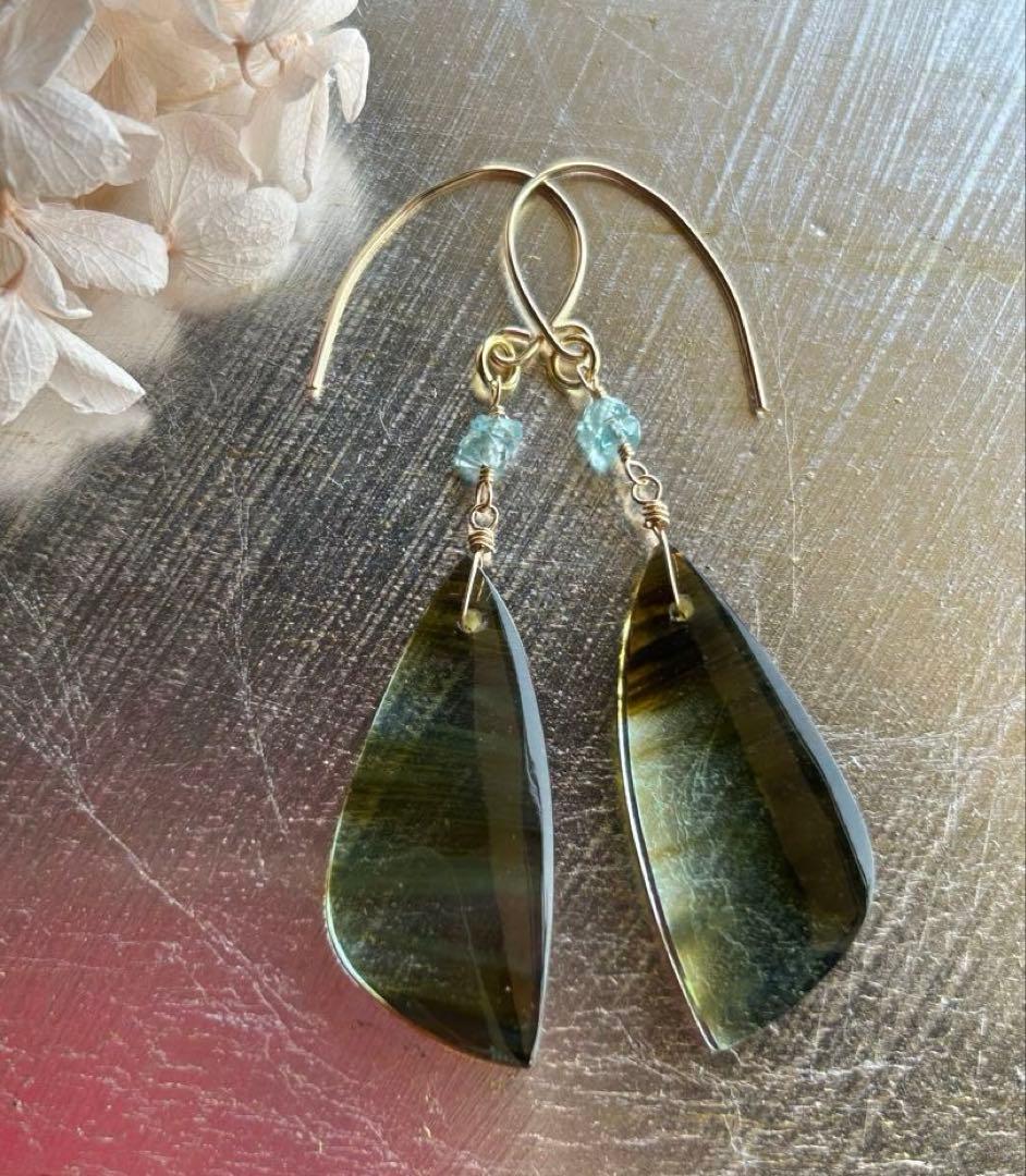 ブルーオブシディアン＆ブルージルコンのピアス他　14kgf