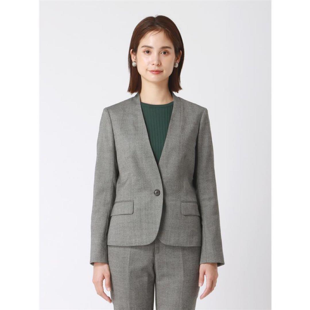 [未使用]スーツスクエア　ノーカラー　洗える　ストレッチ　パンツセットアップ　L