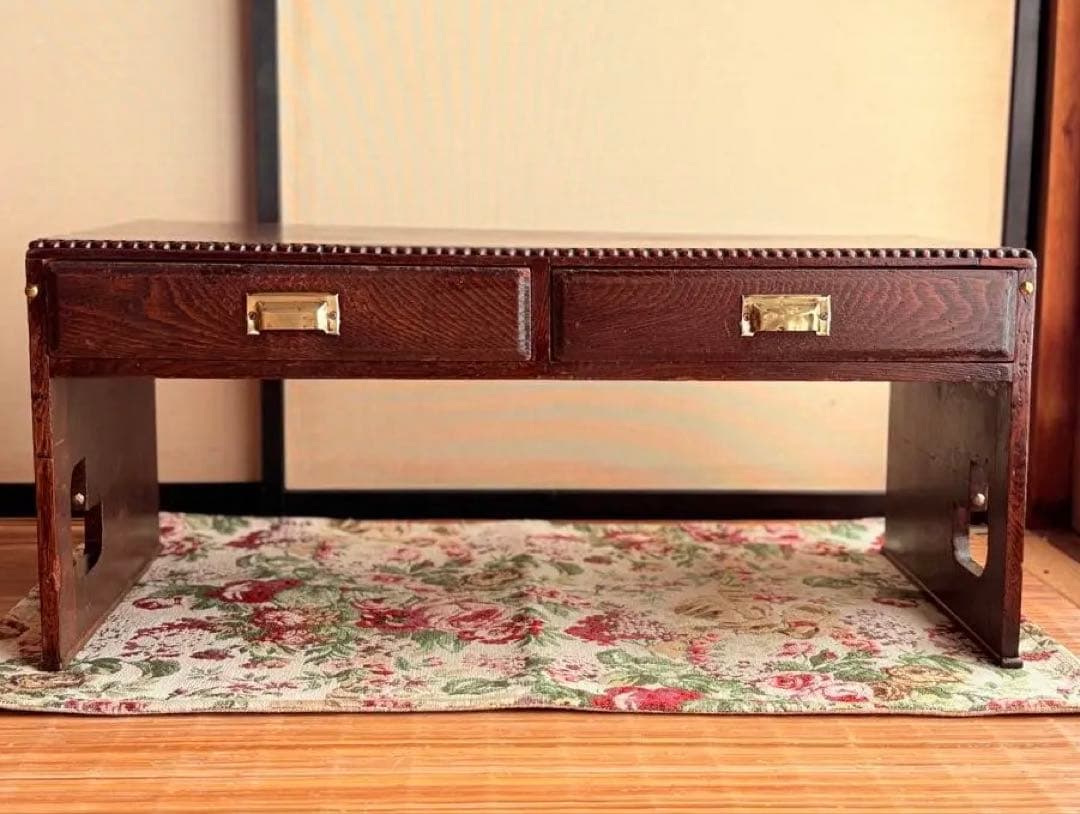 【 古物 】和風 木製 座卓 真鍮 取っ手 引き出し