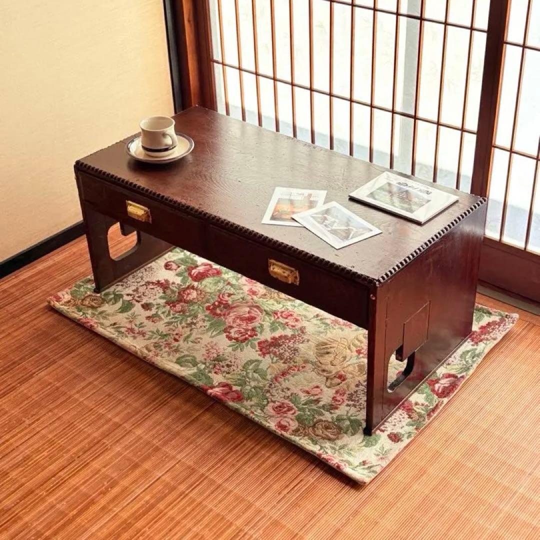 【 古物 】和風 木製 座卓 真鍮 取っ手 引き出し